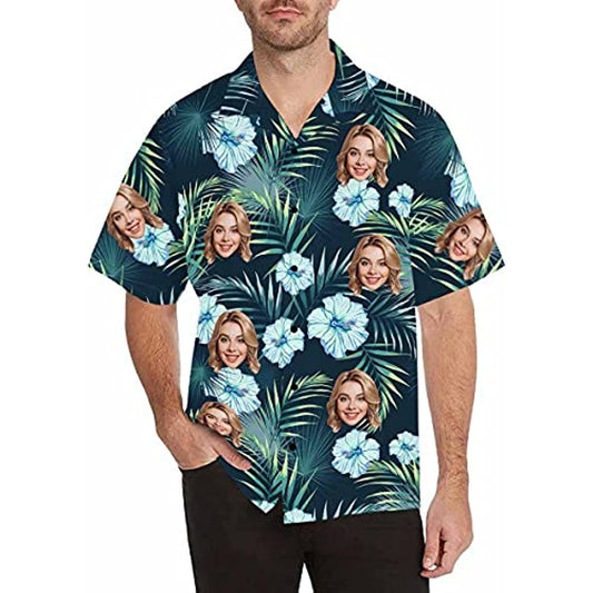 Customized Tropical Flower Hawaiian Shirt, Men's Personalized BF Husband's Photo Men's Aloha Beach Fruit Blouse Shirt
