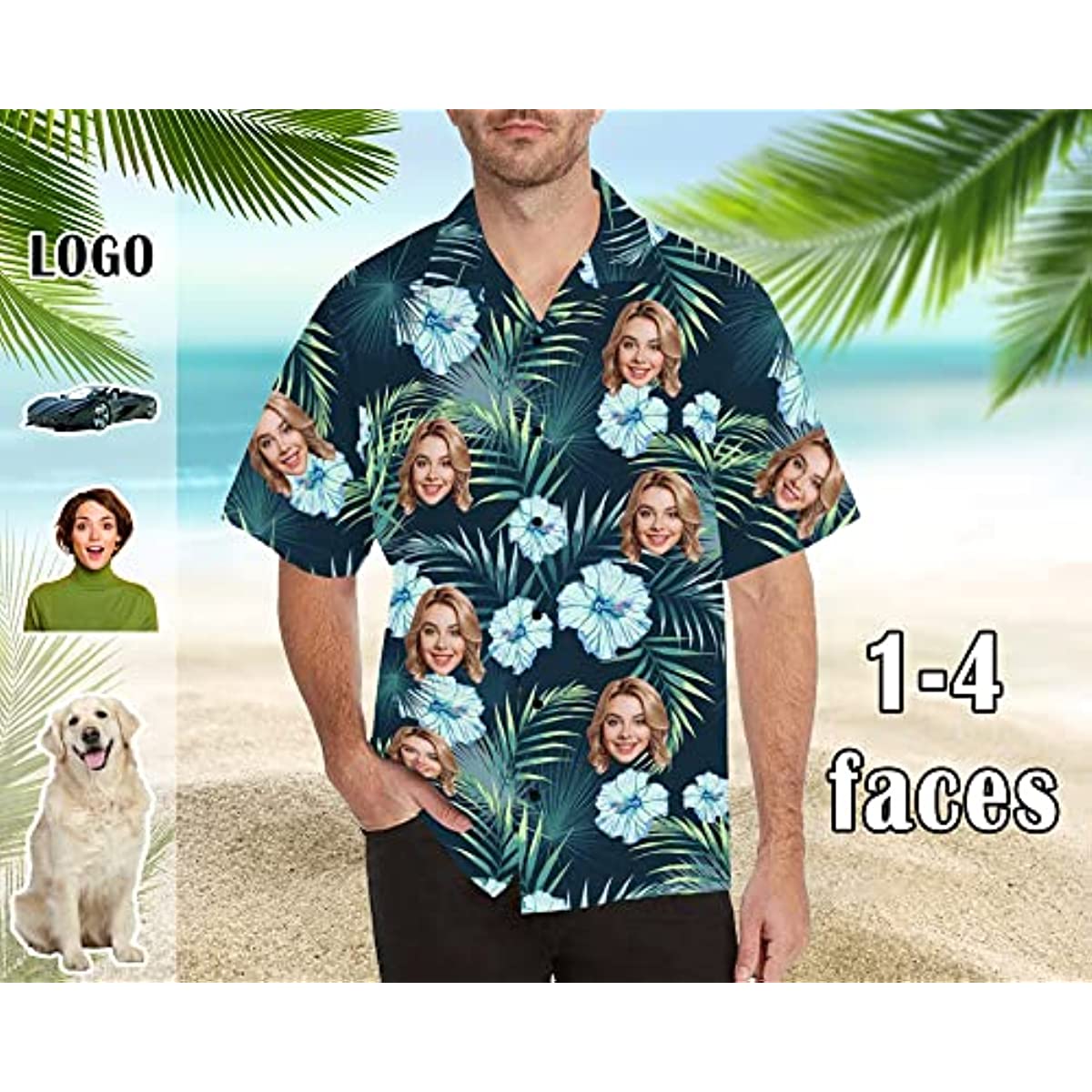 Customized Tropical Flower Hawaiian Shirt, Men's Personalized BF Husband's Photo Men's Aloha Beach Fruit Blouse Shirt