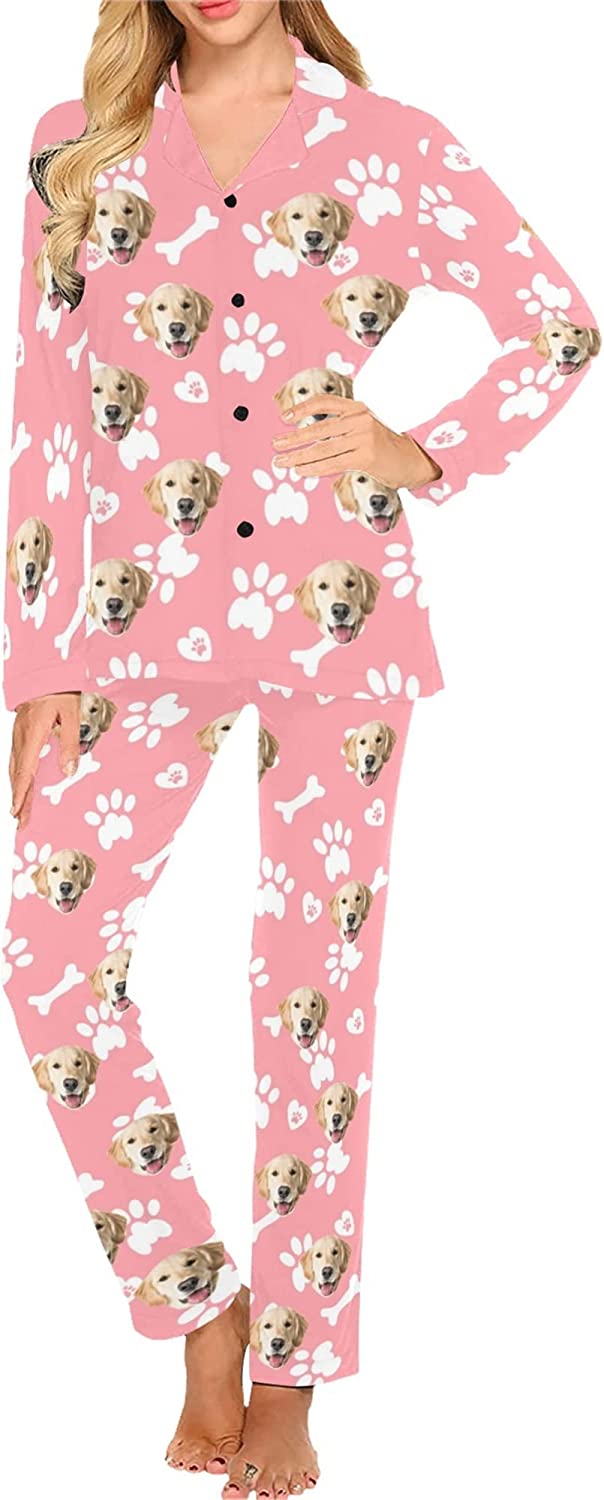 DIYKST Custom Pet Pajamas for Women with Dogs Photo Personalized Dog Print pjs Sleepwear for Valentine's Day Face pj Set