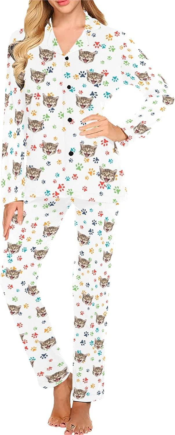 Custom Pajamas Set for Women with Photo,Personalized Pj Sets Long Sleeve  Sleepwear Funny Face