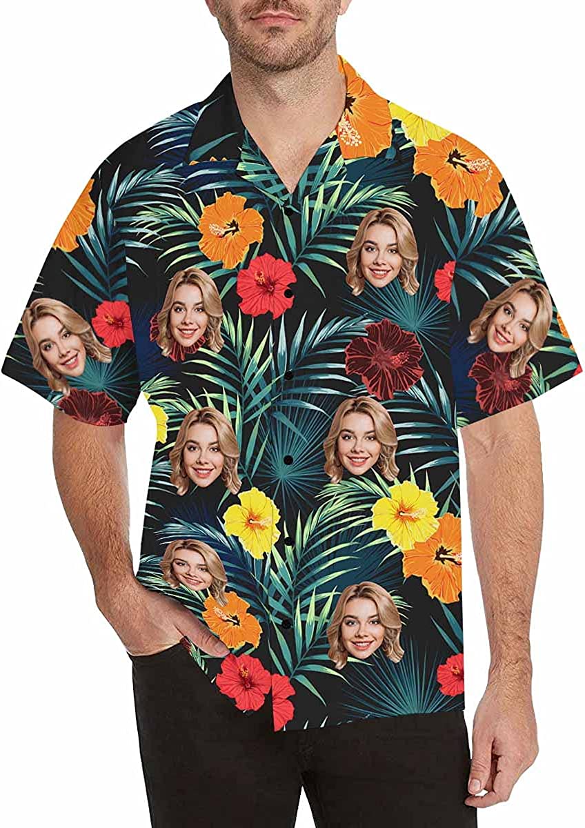 Customized Tropical Flower Hawaiian Shirt, Men's Personalized BF Husband's Photo Men's Aloha Beach Fruit Blouse Shirt