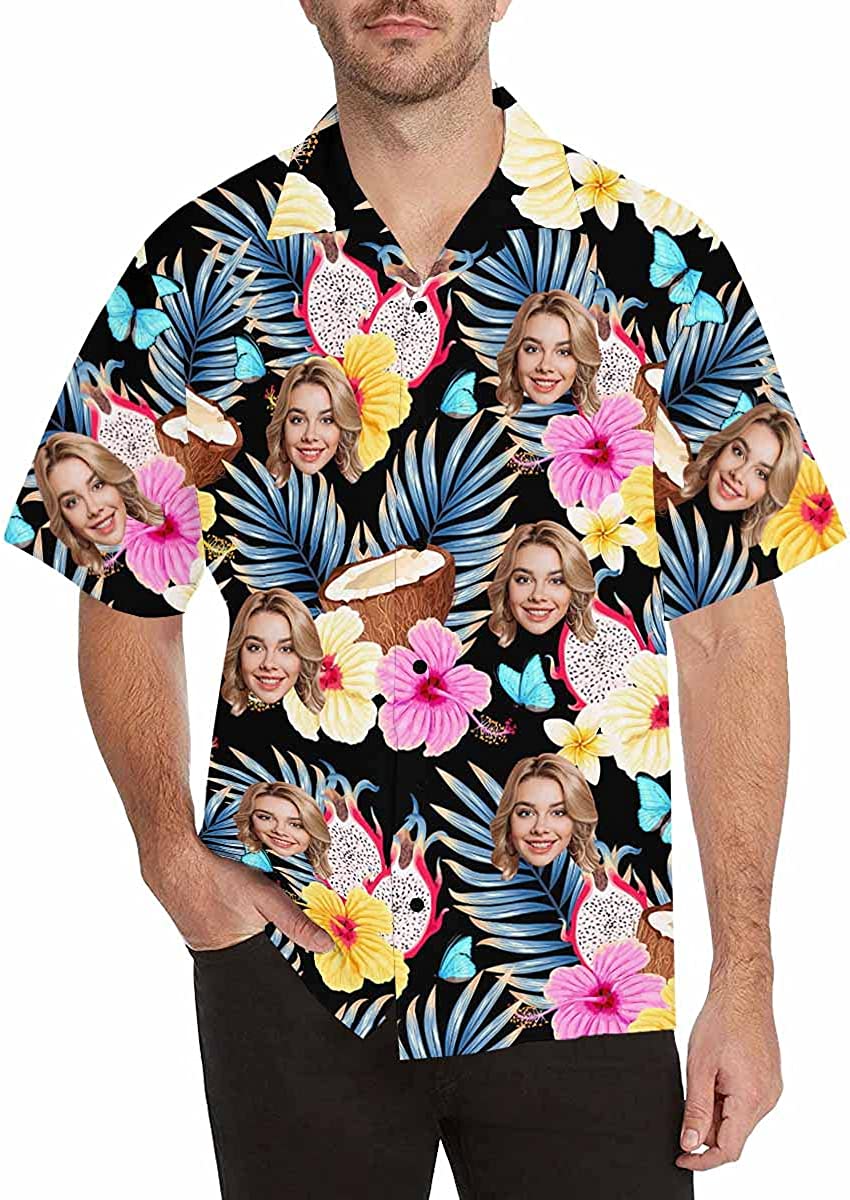 Customized Tropical Flower Hawaiian Shirt, Men's Personalized BF Husband's Photo Men's Aloha Beach Fruit Blouse Shirt