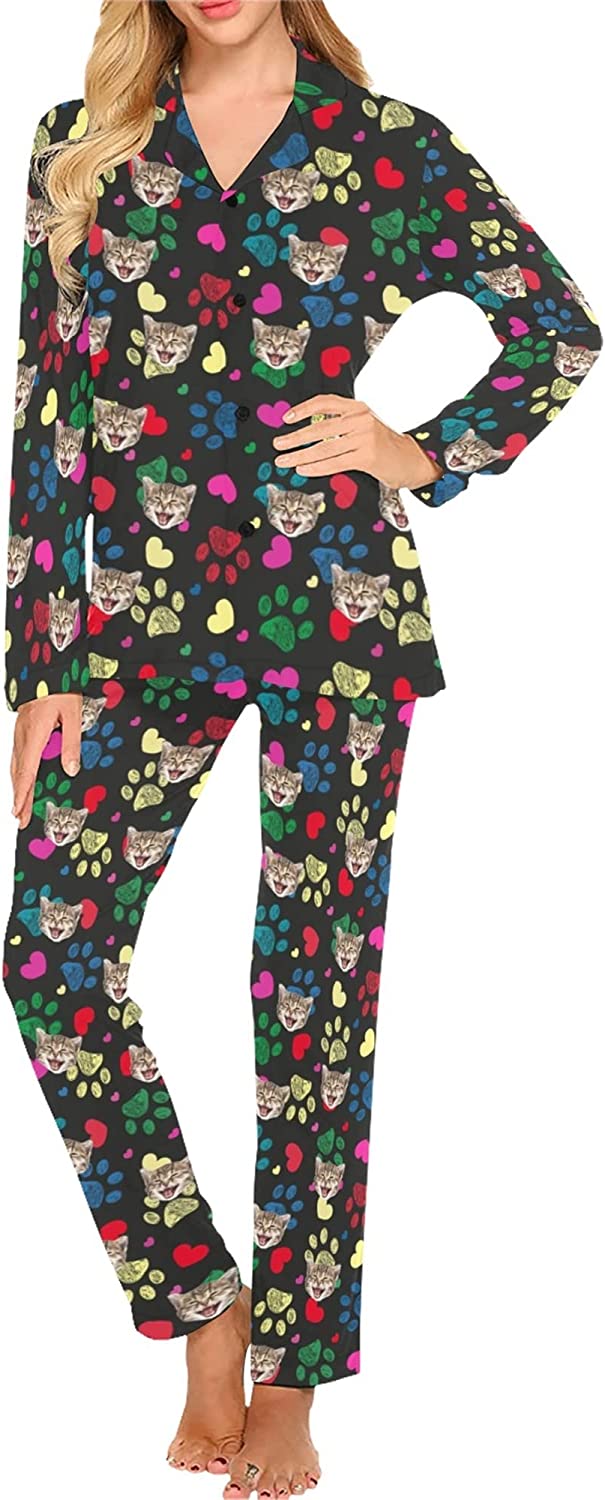 DIYKST Custom Pet Pajamas Set with Photo for Women Personalized Cat pjs with Face Sleepwear for Valentine's Day Nightwear