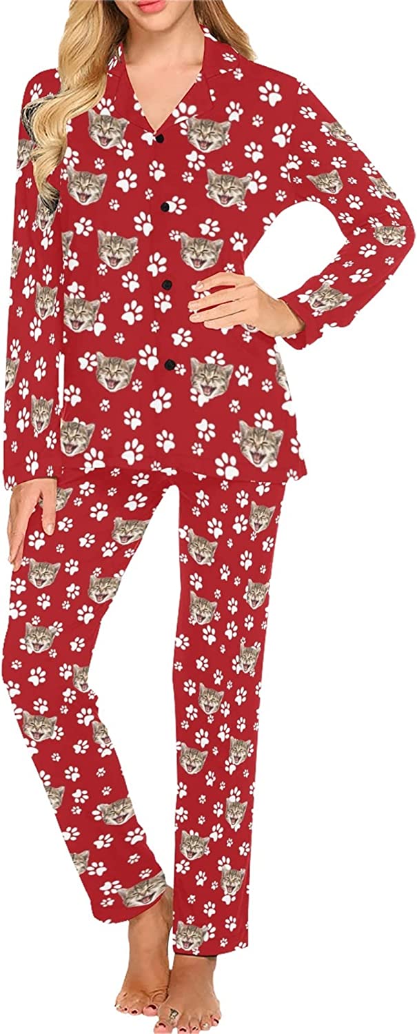 DIYKST Custom Pet Pajamas Set with Photo for Women Personalized Cat pjs with Face Sleepwear for Valentine's Day Nightwear