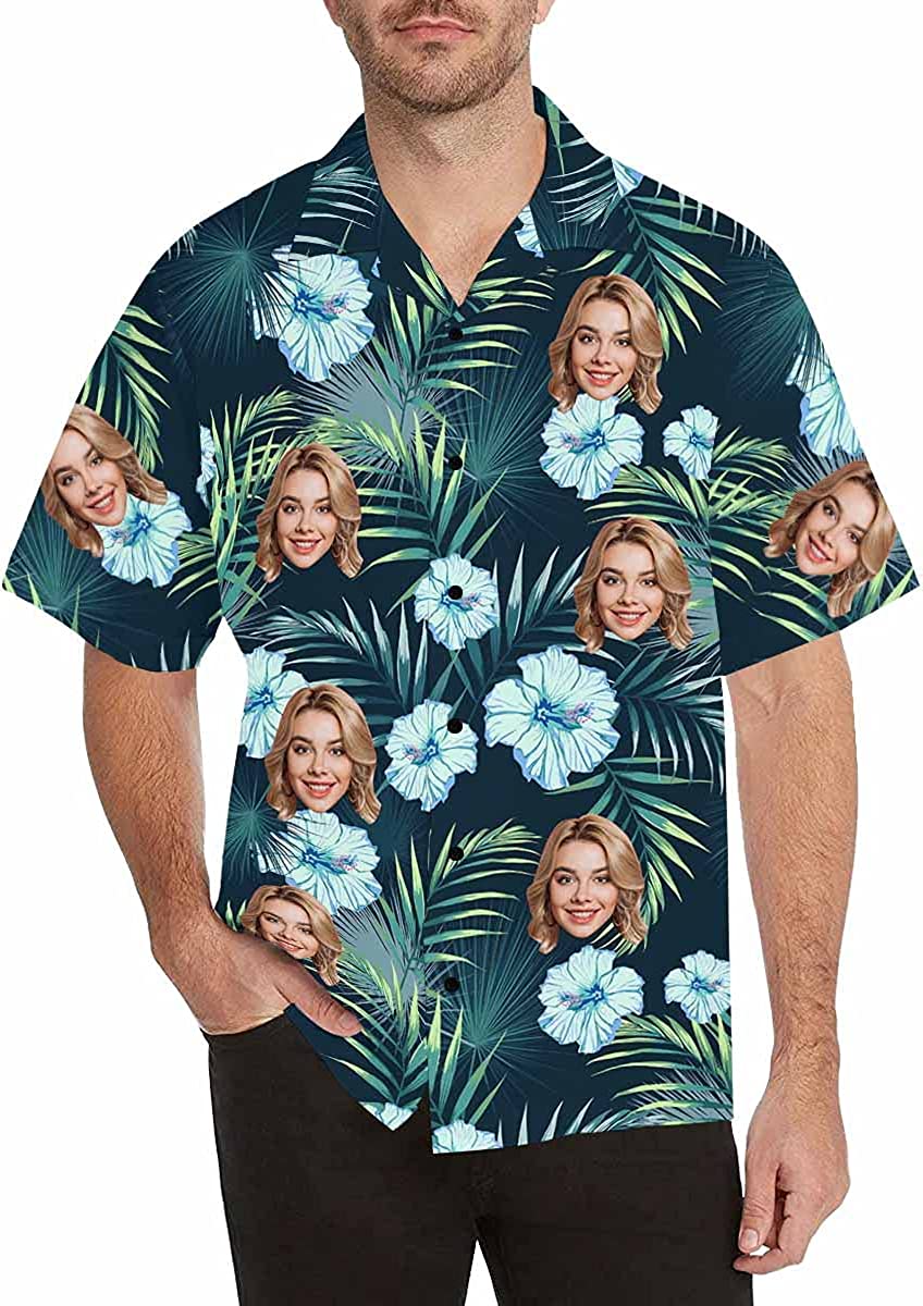 Customized Tropical Flower Hawaiian Shirt, Men's Personalized BF Husband's Photo Men's Aloha Beach Fruit Blouse Shirt