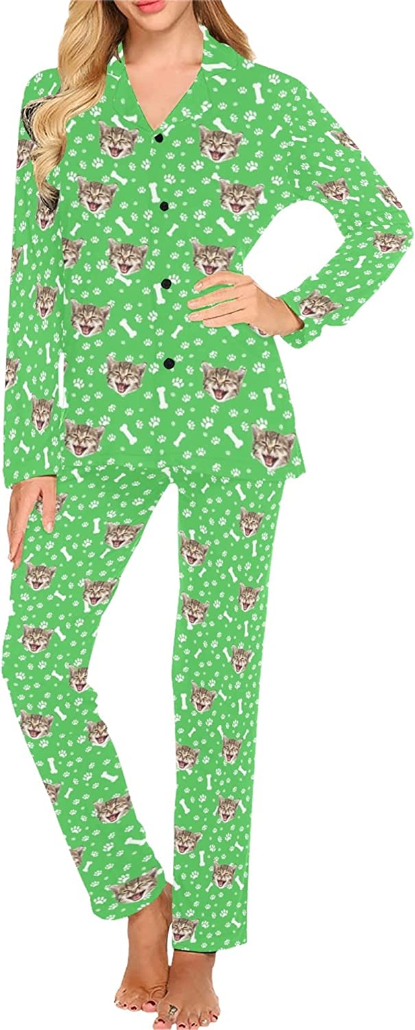 DIYKST Custom Pet Pajamas Set with Photo for Women Personalized Cat pjs with Face Sleepwear for Valentine's Day Nightwear