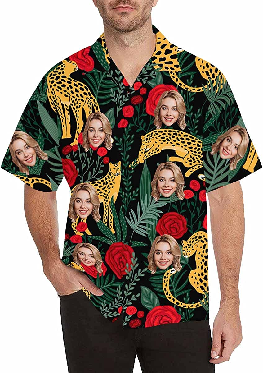 Customized Tropical Flower Hawaiian Shirt, Men's Personalized BF Husband's Photo Men's Aloha Beach Fruit Blouse Shirt