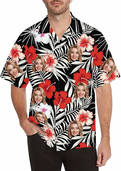 Customized Tropical Flower Hawaiian Shirt, Men's Personalized BF Husband's Photo Men's Aloha Beach Fruit Blouse Shirt