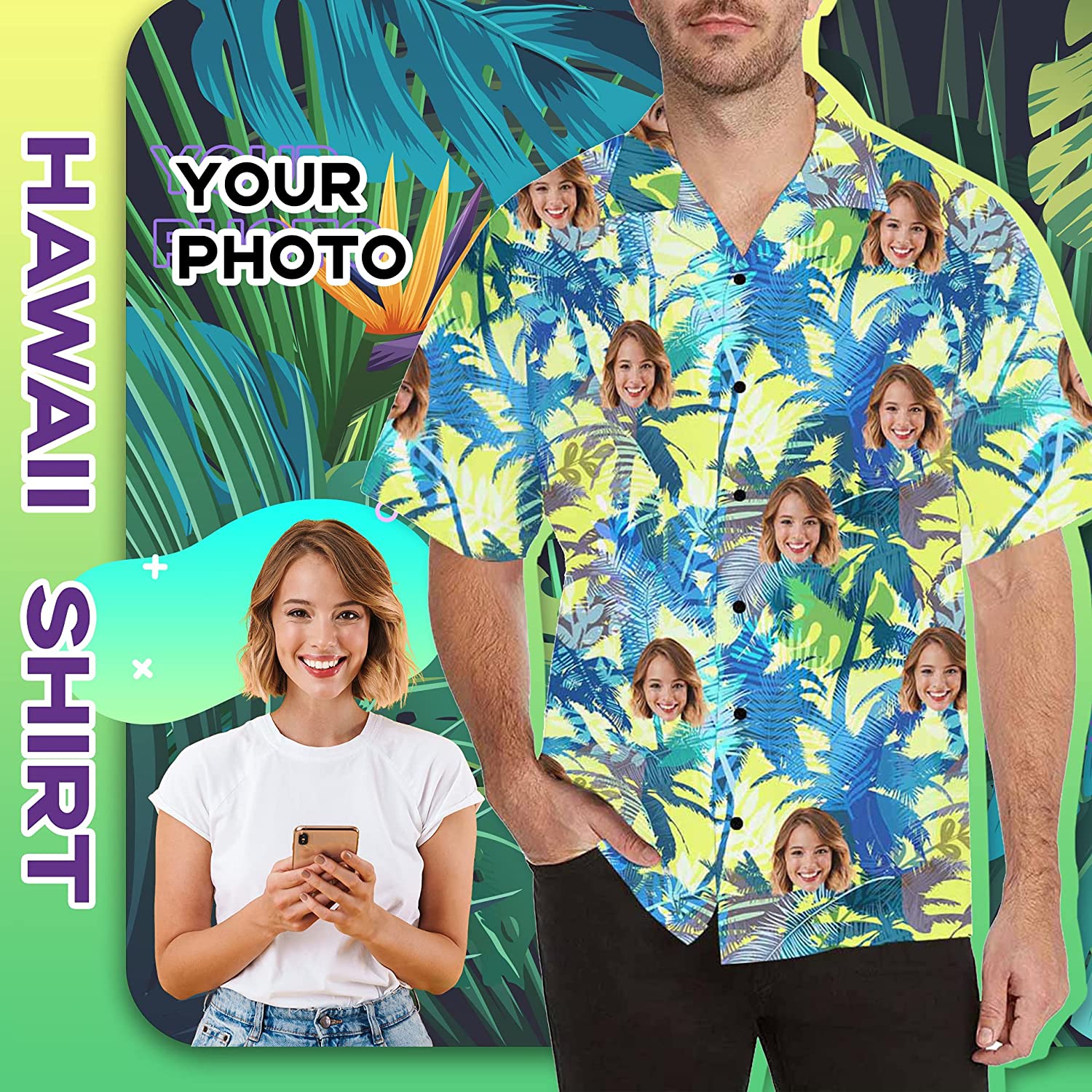 DIYKST Custom Tropical Floral Hawaiian Shirt with Face for Men Personalized BF Husband’s Photo Men Aloha Beach Fruit Flower Shirts